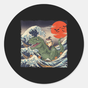 Funny Halloween Cat Riding Dinosaur Spooky Ukiyo-e Classic Round Sticker