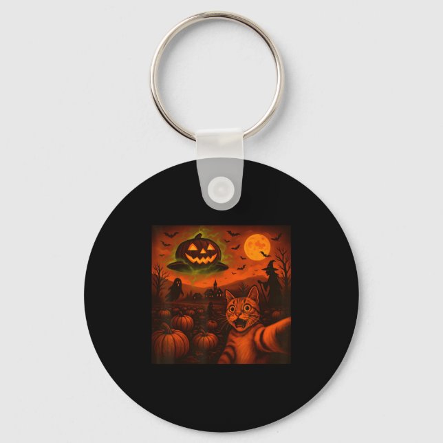 Funny Halloween Cat Selfie Pumpkin Ghost  Key Ring (Front)