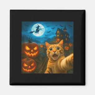 Funny Halloween Cat Selfie With Soky Pumpkins Men Magnet