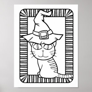 Funny Halloween Cat Standing Colouring Page Poster