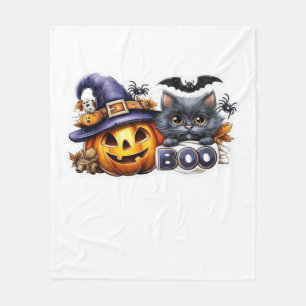 Funny Halloween Cat Sticker Witch Hat, Pumpkin an Fleece Blanket