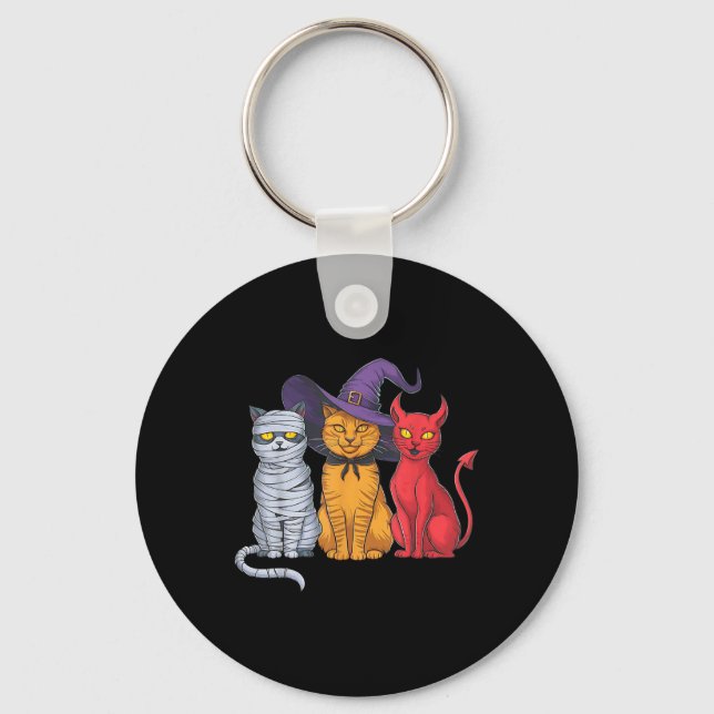 Funny Halloween Cat Trio Costume Witch Mummy Devil Key Ring (Front)