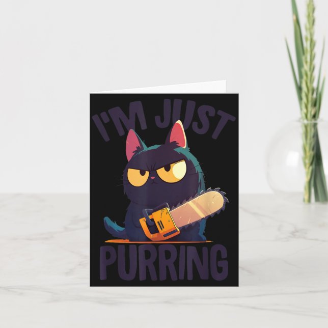Funny Halloween Cat With Chainsaw Murderous Black Card (Front)