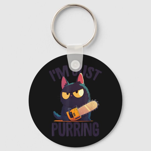 Funny Halloween Cat With Chainsaw Murderous Black Key Ring (Front)