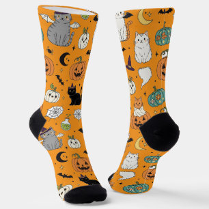 Funny Halloween Cats and Pumpkins Socks