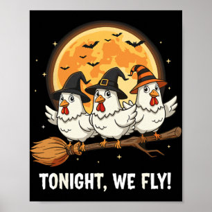 Funny Halloween Chicken Witches Broomstick Spooky Poster