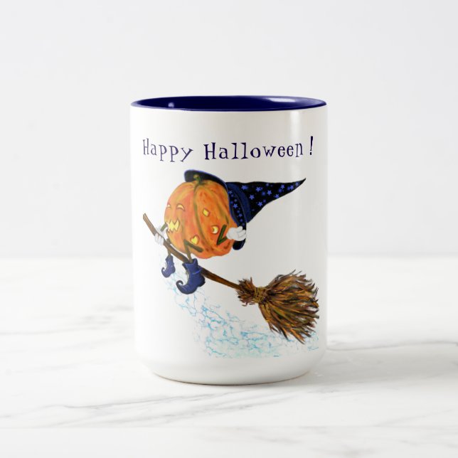 Funny Halloween Coffee Mug Witch Pumpkin Flying (Center)