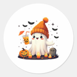 Funny Halloween Cute Ghost Drinking Ice Coffee Wom Classic Round Sticker