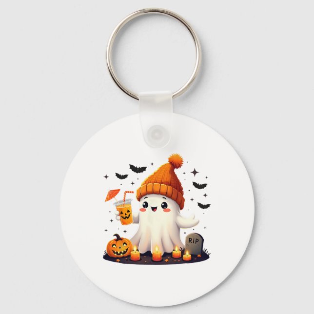 Funny Halloween Cute Ghost Drinking Ice Coffee Wom Key Ring (Front)