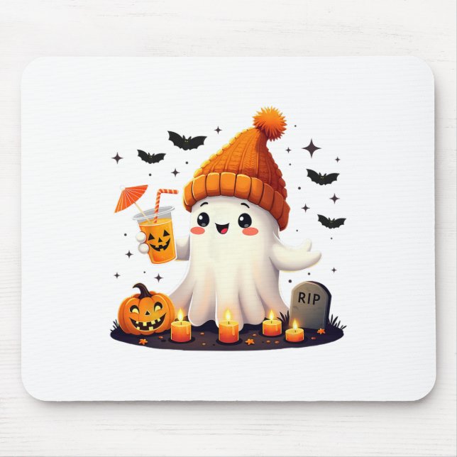 Funny Halloween Cute Ghost Drinking Ice Coffee Wom Mouse Pad (Front)