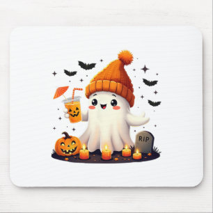 Funny Halloween Cute Ghost Drinking Ice Coffee Wom Mouse Pad