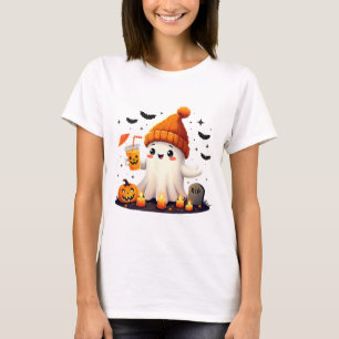 Funny Halloween Cute Ghost Drinking Ice Coffee Wom T-Shirt