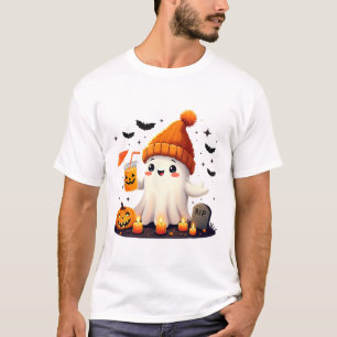 Funny Halloween Cute Ghost Drinking Ice Coffee Wom T-Shirt