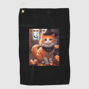 Funny Halloween Cute Orange Cat with Wizard Hat Ba Golf Towel