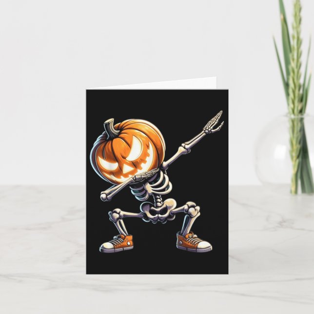 Funny Halloween Dabbing Skeleton With Pumpkin Head Card (Front)