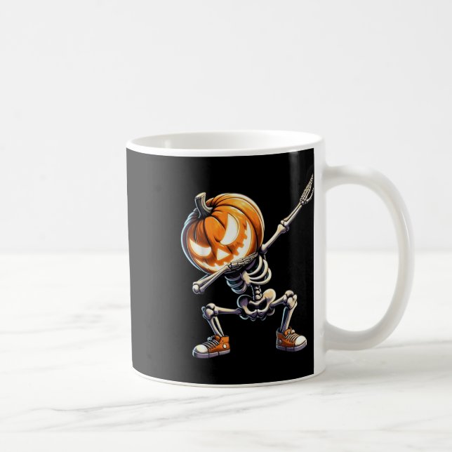 Funny Halloween Dabbing Skeleton With Pumpkin Head Coffee Mug (Right)