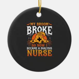 Funny Halloween Dialysis Nurse Witch Broom Design Ceramic Ornament