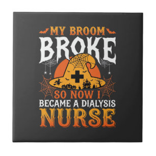 Funny Halloween Dialysis Nurse Witch Broom Design Ceramic Tile