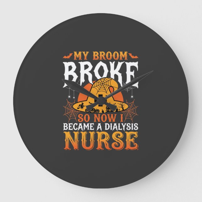 Funny Halloween Dialysis Nurse Witch Broom Design Large Clock (Front)