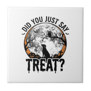 Funny Halloween Dog Treat Vintage Vector Design_1 Ceramic Tile