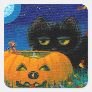 Funny Halloween Fall Cat Mouse Art Creationarts Square Sticker