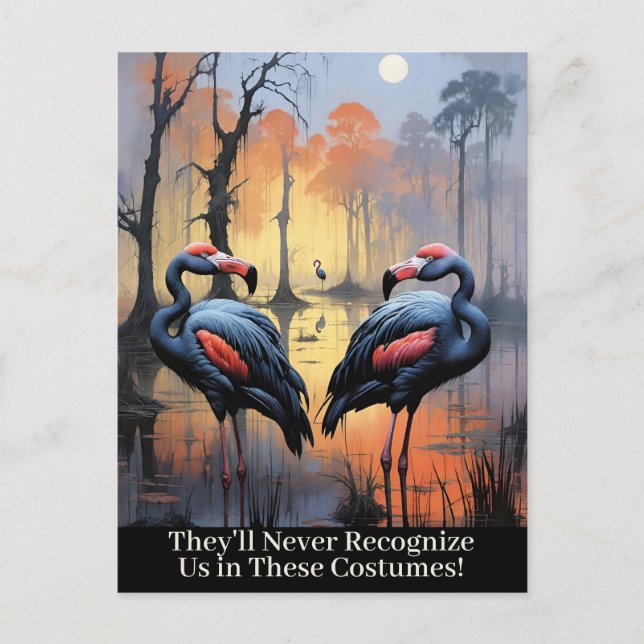 Funny Halloween Flamingos Wearing Vulture Costumes Holiday Postcard (Front)