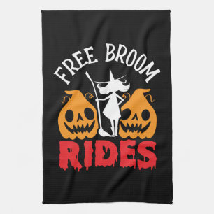 Funny Halloween Free Broom Rides Witch Pumpkins Tea Towel