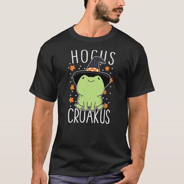 Funny Halloween Frog Cute Hocus Croakus Witch Hat T-Shirt (Front)