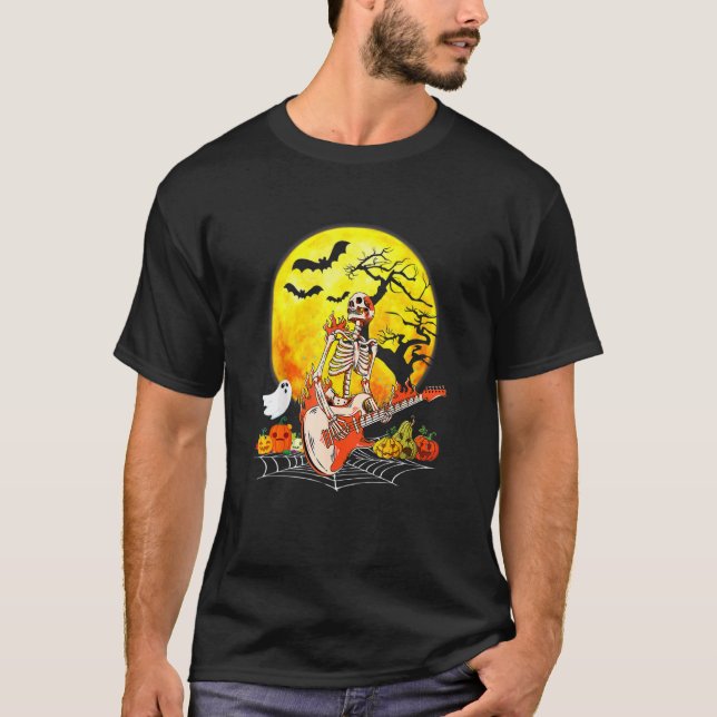 Funny Halloween Funny Skeleton Playing Guitar Pump T-Shirt (Front)
