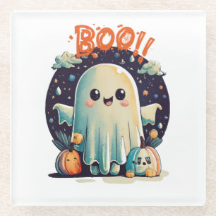 Funny Halloween Ghost Boo in Galaxy Glass Coaster