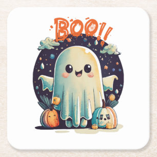Funny Halloween Ghost Boo in Galaxy Square Paper Coaster