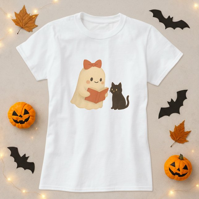 Funny Halloween Ghost Cat Reading T-Shirt (Creator Uploaded)