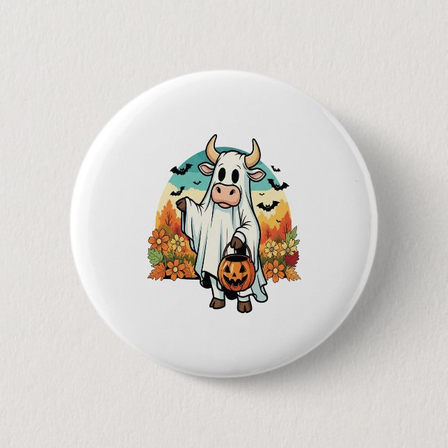 Funny Halloween Ghost Cow 6 Cm Round Badge (Front)