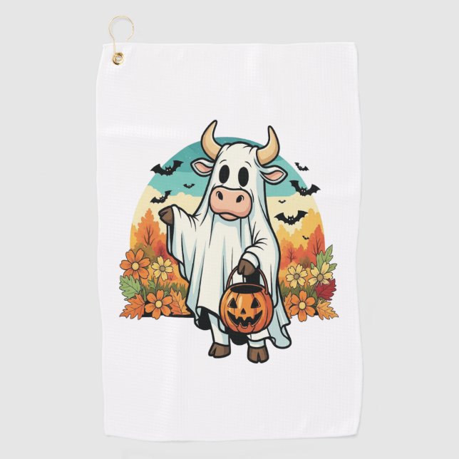 Funny Halloween Ghost Cow Golf Towel (Front)