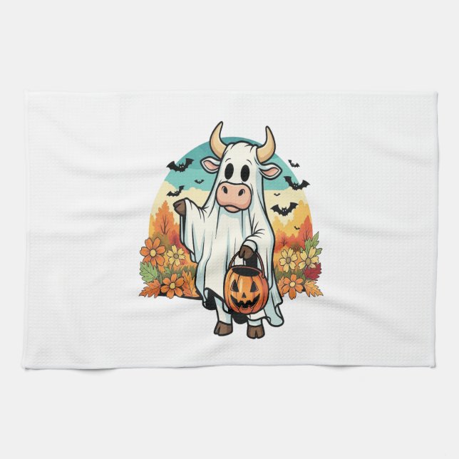 Funny Halloween Ghost Cow Tea Towel (Horizontal)