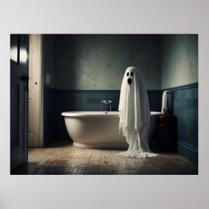 Funny Halloween ghost in bathroom toilet Poster