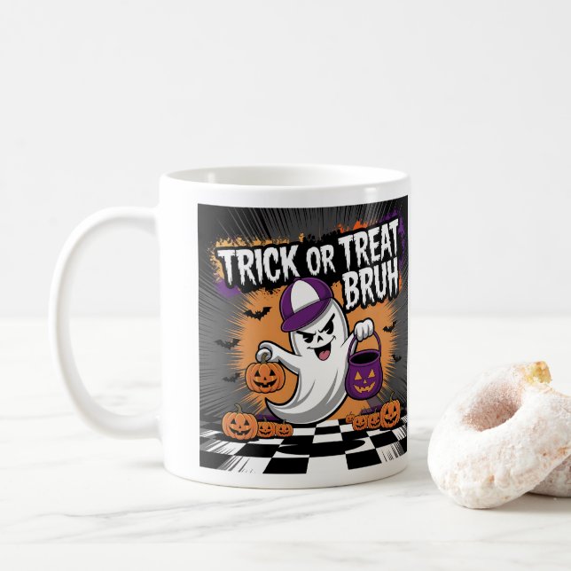 Funny Halloween Ghost & Pumpkins Coffee Mug (With Donut)