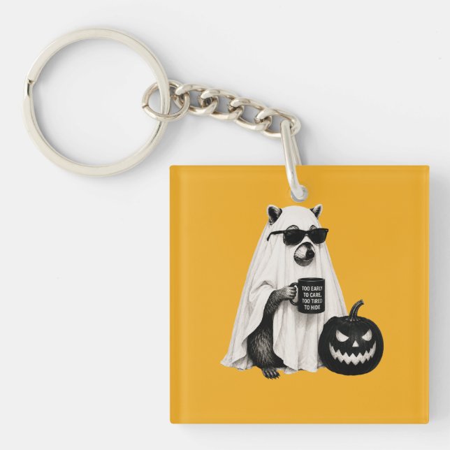 Funny Halloween Ghost Racoon Office Worker Illust Key Ring (Front)