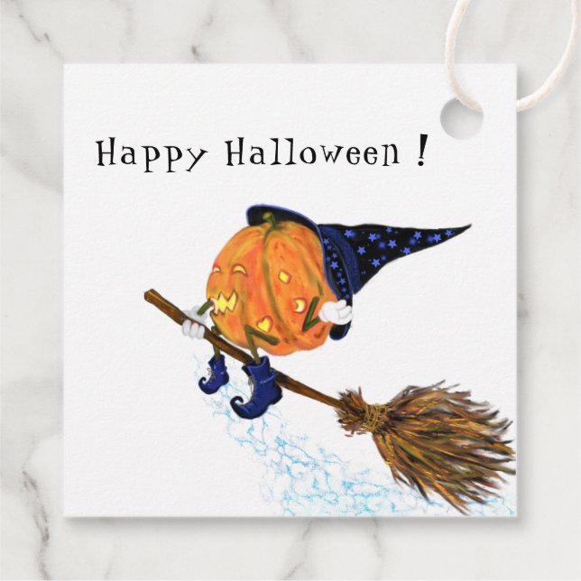 Funny Halloween Gift Tag Witch Pumpkin Flying (Back)