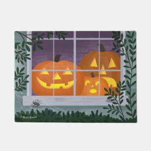 Funny Halloween Jack-o'-lanterns in Window Doormat