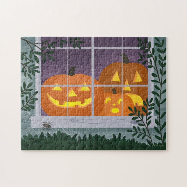 Funny Halloween Jack-o'-lanterns in Window Jigsaw Puzzle (Horizontal)