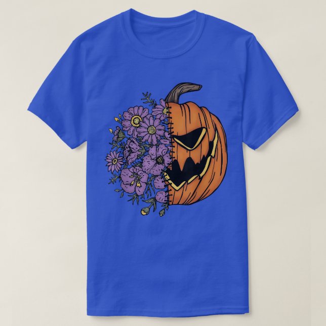 Funny Halloween JackOLantern Creepy Pumpkin Flower T-Shirt (Design Front)