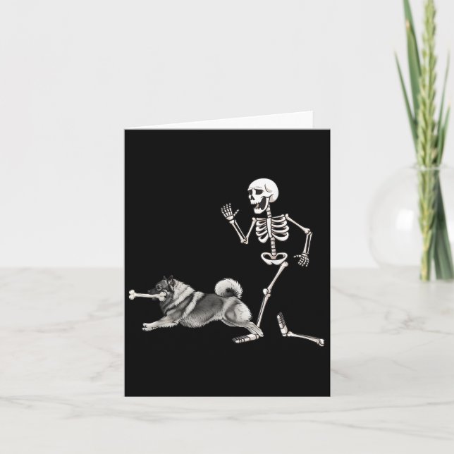 Funny Halloween Keeshond And Skeleton  Card (Front)
