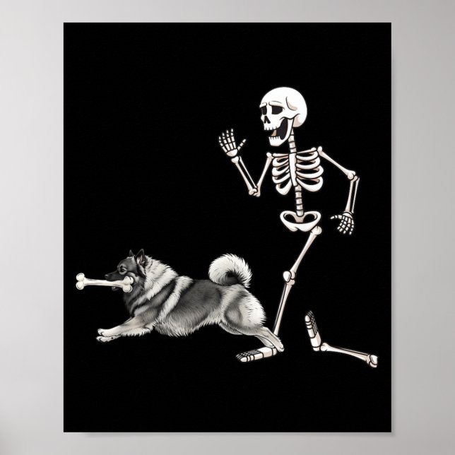 Funny Halloween Keeshond And Skeleton Poster (Front)
