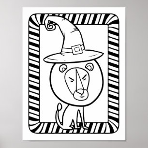 Funny Halloween Lion Colouring Page Poster