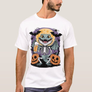 Funny Halloween Lizard Skeleton with Beer T-Shirt