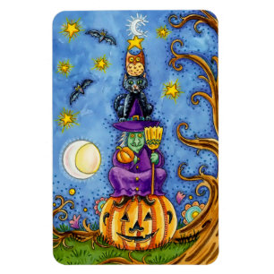Funny Halloween Magnet with Pumpkin, Witch Cat Owl
