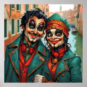Funny Halloween make-up Face caricature couple Poster