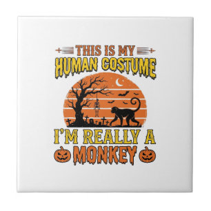 Funny Halloween Monkey Human Costume Shirt Design_ Ceramic Tile