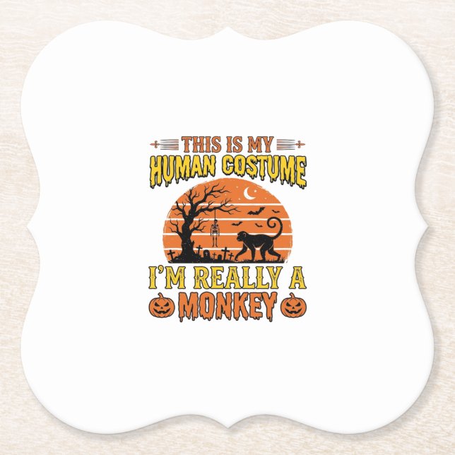 Funny Halloween Monkey Human Costume Shirt Design_ Paper Coaster (Front)